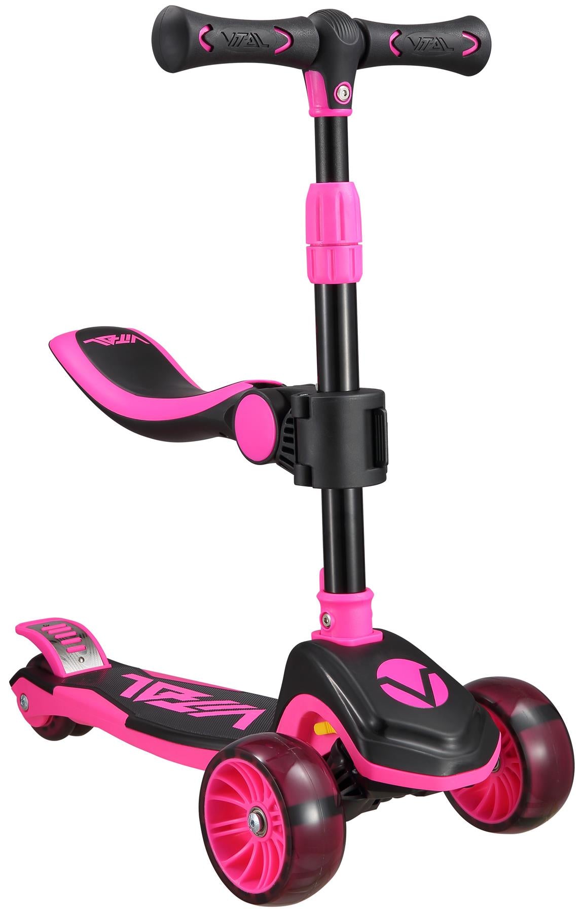 The Vital Tyke 3 Wheel Kids Scooter - Pink by Vital features an adjustable handlebar, wide footboard, two front wheels, one rear wheel, and a small seat—ideal as a first scooter with added comfort for children.