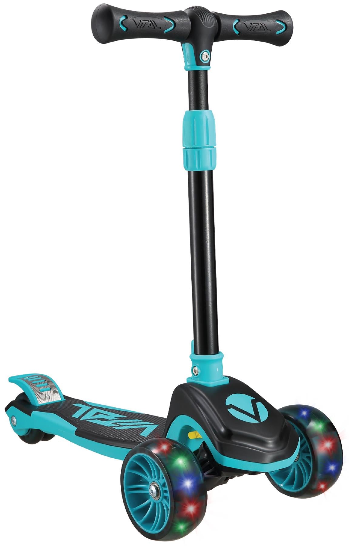 The Vital Tyke 3 Wheel Kids Scooter – Teal by Vital features a wide deck, adjustable handlebar, and two LED light-up front wheels—perfect as a first scooter for children.