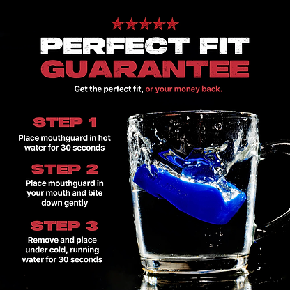 A Safejawz Intro Series Protection Mouthguard - Blue is shown in a glass of water with splashes. Text highlights a Perfect Fit Guarantee and explains, in three steps, how to use hot and cold water for comfort and jaw stability.