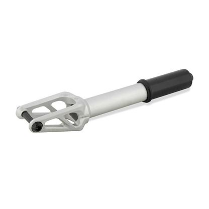 The Drone Aeon 3 Feather-Light IHC Stunt Scooter Forks by Drone are a sleek masterpiece in silver and black, featuring a modern design with triangular cut-out patterns near the top. Made from lightweight 7075-T6 Aluminium, its cylindrical shaft elegantly transitions to a larger black section, all set against a plain white background.