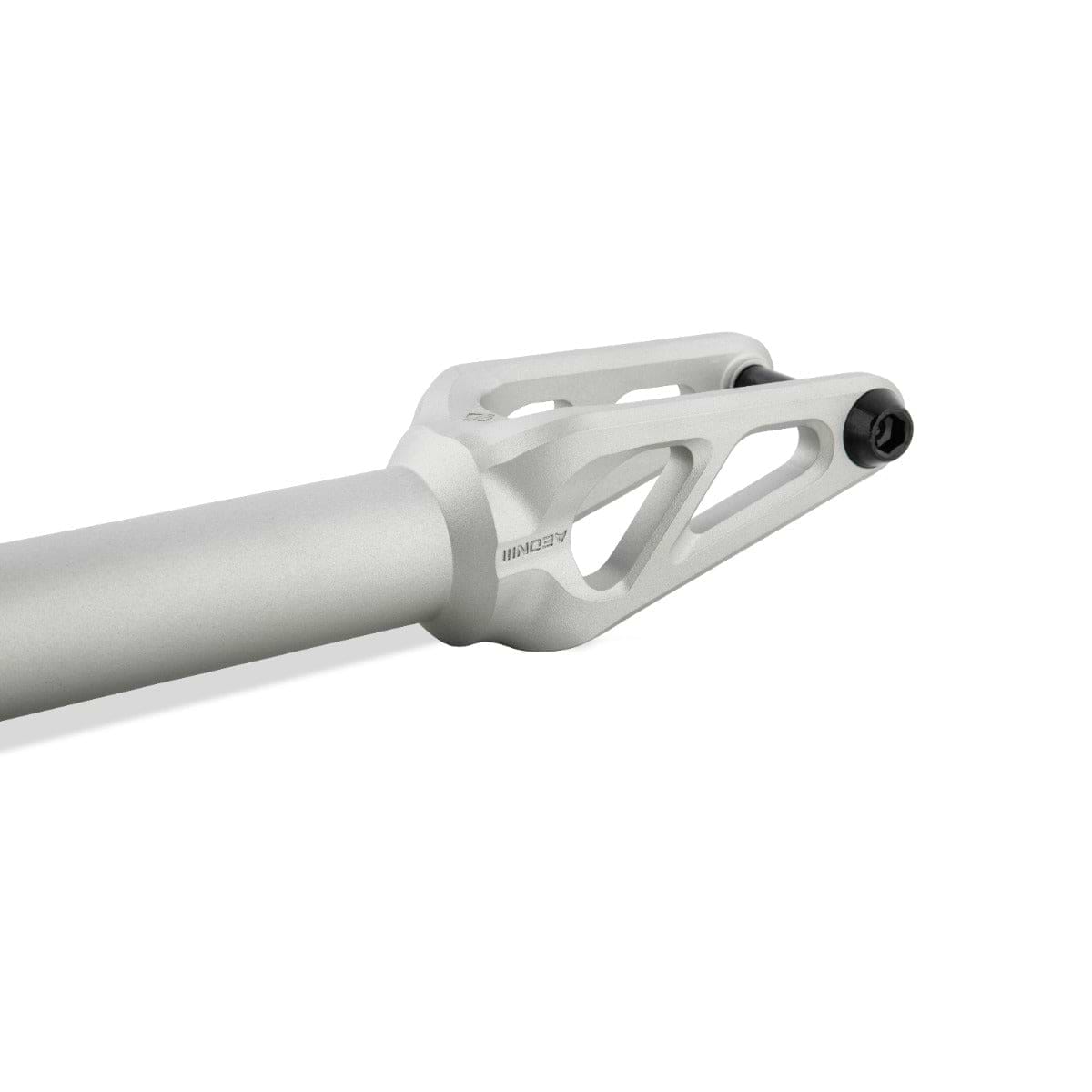 Close-up of the Drone Aeon 3 Feather-Light IHC Stunt Scooter Forks by Drone, crafted from sleek 7075-T6 aluminum with a matte silver finish. Its lightweight, aerodynamic design features two elongated cutouts.