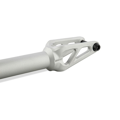 Close-up of the Drone Aeon 3 Feather-Light IHC Stunt Scooter Forks by Drone, crafted from sleek 7075-T6 aluminum with a matte silver finish. Its lightweight, aerodynamic design features two elongated cutouts.