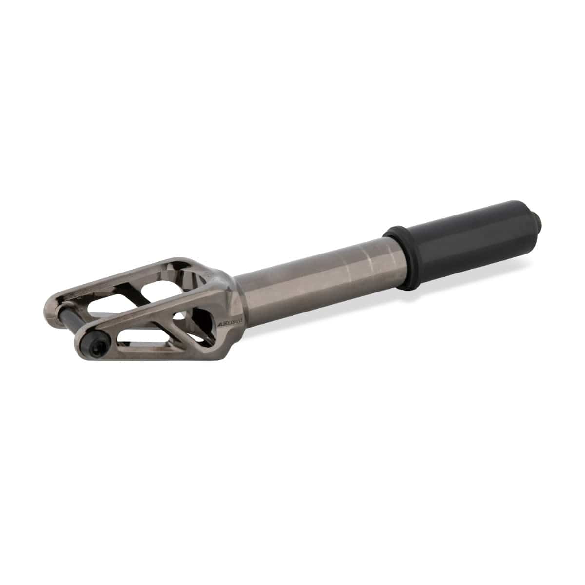 A metal tool exhibiting a cylindrical shaft and a triangular, perforated head, enhanced with a black ribbed grip at one end, mirrors the sleek design aspects typical of Drone's high-quality Aeon 3 Feather-Light IHC Stunt Scooter Forks in Smoked Chrome finish, all set against a plain white backdrop.