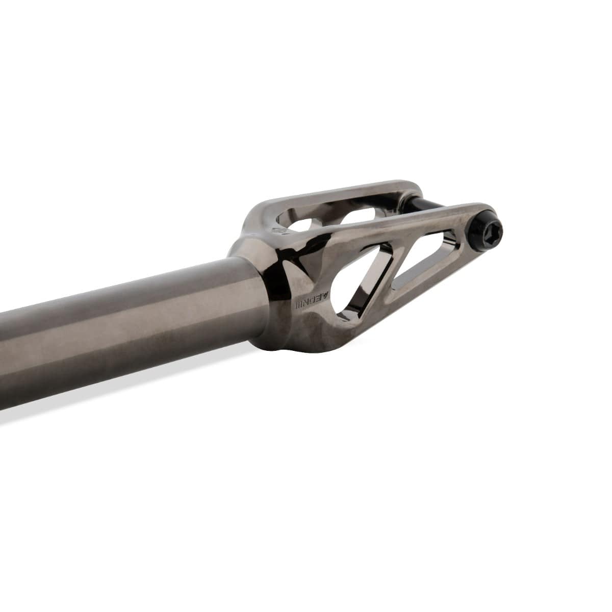 Get a close look at the Drone Aeon 3 Feather-Light IHC Stunt Scooter Forks in Smoked Chrome. Crafted from durable 7075-T6 Aluminium, this sleek, lightweight scooter fork features a cylindrical shaft and distinctive triangular cutouts near the top. Its modern industrial design is complemented by a polished finish that accentuates its mechanical details.