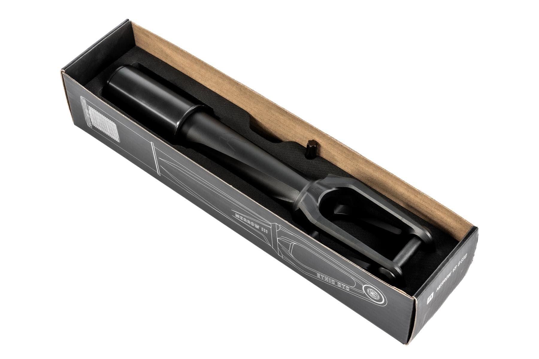 The Ethic DTC Merrow V3 HIC Stunt Scooter Fork by Ethic, made from black 7075 aluminium with a forked end, comes in a rectangular cardboard box featuring printed graphics and instructions on both inner and outer surfaces.