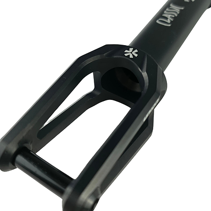 Close-up of the Union Classic Lightweight IHC Stunt Scooter Fork in black, featuring angular edges and a four-arrow logo—an ideal strong, lightweight choice for riders from Union.