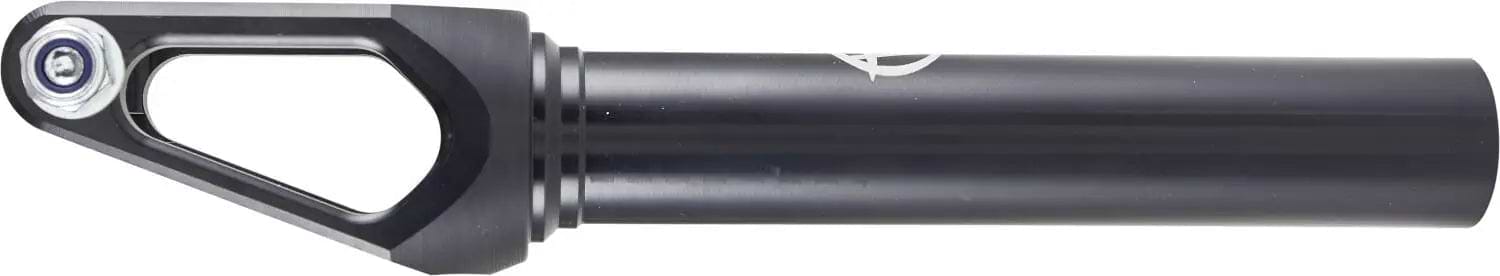 Constructed from 7075 aluminium, the Apex Quantum Lite SCS/HIC Stunt Scooter Forks showcase a black metal cylindrical body with a tapered end and an open geometric design. A hexagonal socket bolt is elegantly positioned on the left, while its sleek metallic finish features a small, visible emblem, making it an excellent choice for a scooter fork.