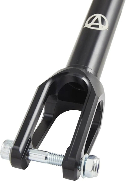 Close-up of the Apex Quantum Lite SCS/HIC Stunt Scooter Fork in sleek black, featuring a logo near the top. Made by Apex from durable 7075 aluminum, it includes a robust metal axle bolt and nuts at the bottom for reliable wheel attachment to your scooter.