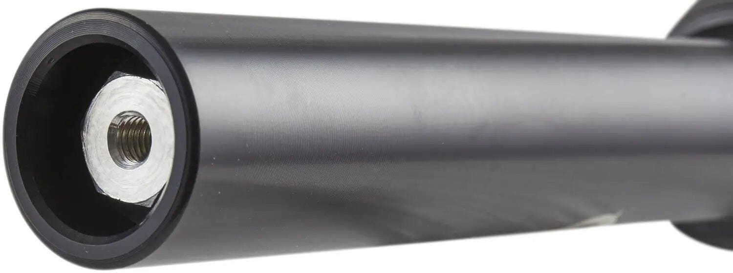Close-up of a cylindrical black metal rod made from 7075 aluminum, featuring a threaded hole at one end. The surface is smooth and reflective—ideal for precision components such as the Apex Quantum Lite SCS/HIC Stunt Scooter Forks provided by Apex.