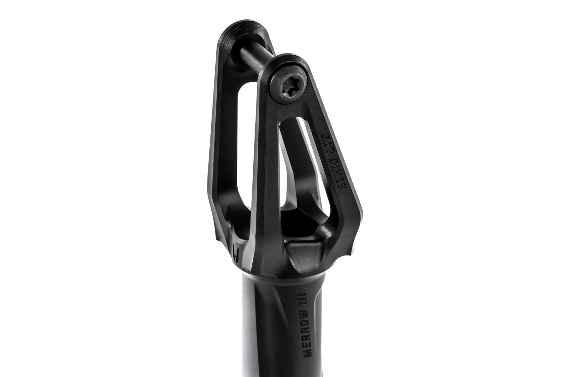 Close-up of the Ethic DTC Merrow V3 IHC Stunt Scooter Fork in black, crafted from 7075 aluminium with dual prongs and a "MERROW III" central bolt. Sleek, modern Ethic design shown against a white background.