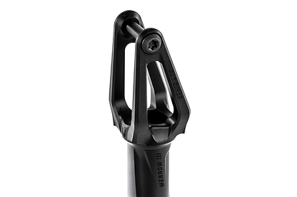 Close-up of the Ethic DTC Merrow V3 IHC Stunt Scooter Fork in black, crafted from 7075 aluminium with dual prongs and a "MERROW III" central bolt. Sleek, modern Ethic design shown against a white background.