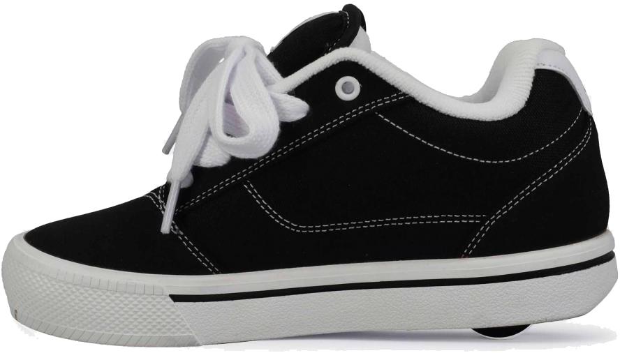 The Heelys Pro 25 Boys Shoes by Heelys feature a black skate-style design with white stitching, thick white sole, laces, and lining. Retro-inspired with low-profile wheels, they're shown side profile against a white background.