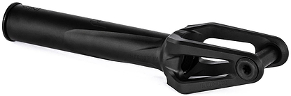 The Ethic DTC Merrow V3 8/12STD SCS Stunt Scooter Forks in black offer a modern, sleek design with a cylindrical tube and open forked end for wheel attachment—ideal for stunt scooters from Ethic.