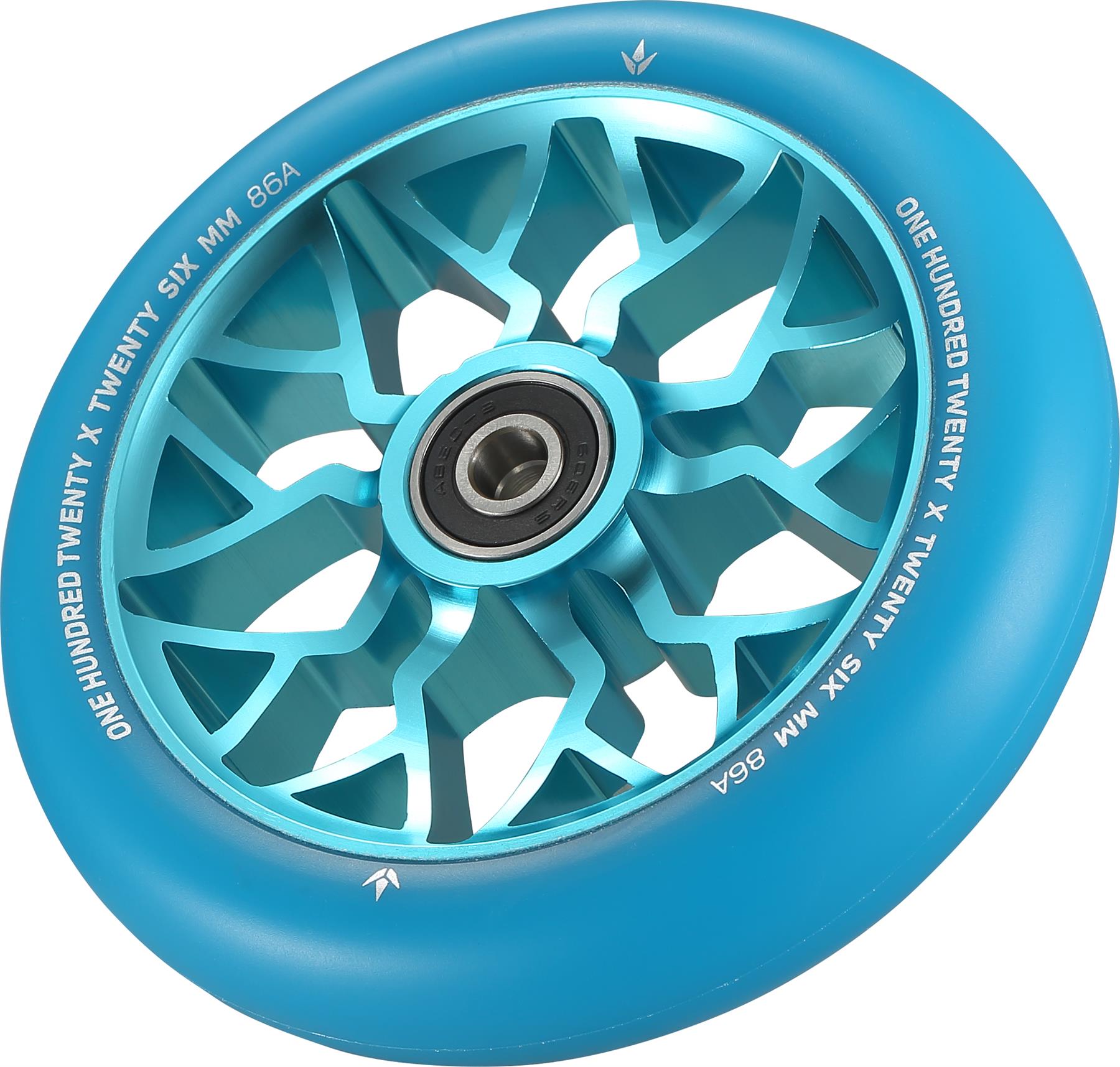A close-up of the Blunt Envy Sector 120mm Stunt Scooter Wheel in teal, featuring a metal core with cut-out patterns and white "ONE HUNDRED TWENTY X TWENTY SIX MM 86A" text on the outer rubber edge.