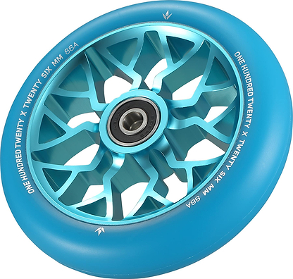 A close-up of the Blunt Envy Sector 120mm Stunt Scooter Wheel in teal, featuring a metal core with cut-out patterns and white "ONE HUNDRED TWENTY X TWENTY SIX MM 86A" text on the outer rubber edge.
