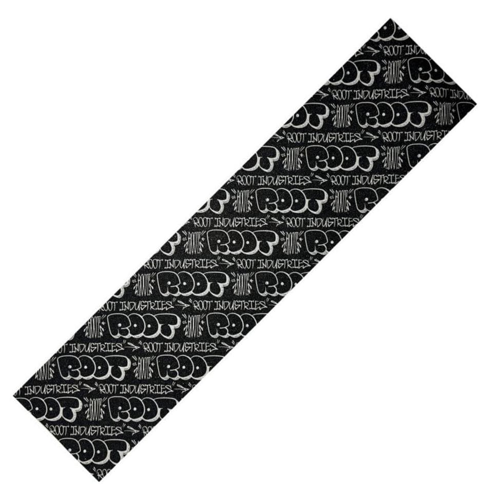A black ruler adorned with white sketches of DJ equipment, musical notes, and music-themed designs gives off a vibe similar to Root Industries' Stunt Scooter Griptape - Tube Station. The prominent display of "ROOT" across the ruler signifies its premium materials set against a crisp white background.