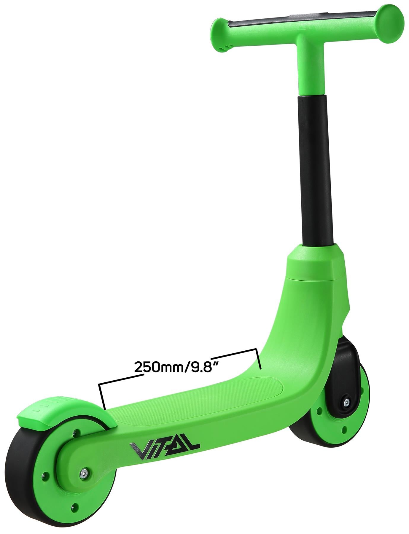 The Vital First Kids Scooter - Green/Black by Vital features 2 black wheels and a sleek green design, ideal for kids seeking a stylish and smooth ride.