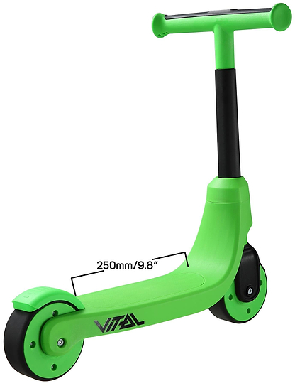 The Vital First Kids Scooter - Green/Black by Vital features 2 black wheels and a sleek green design, ideal for kids seeking a stylish and smooth ride.