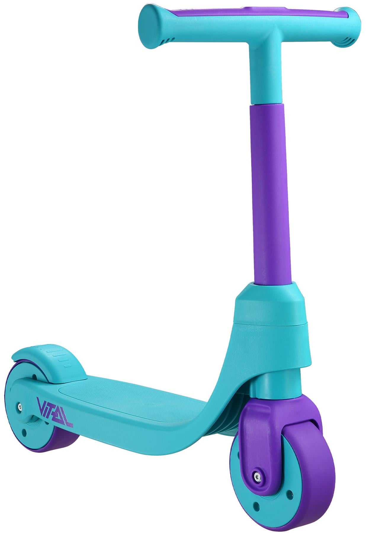 The Vital First Kids Scooter - Teal / Purple features a teal frame, deck, and handlebars with purple wheels and accents. This 2-wheel scooter by Vital has "VITAL" printed on the side.