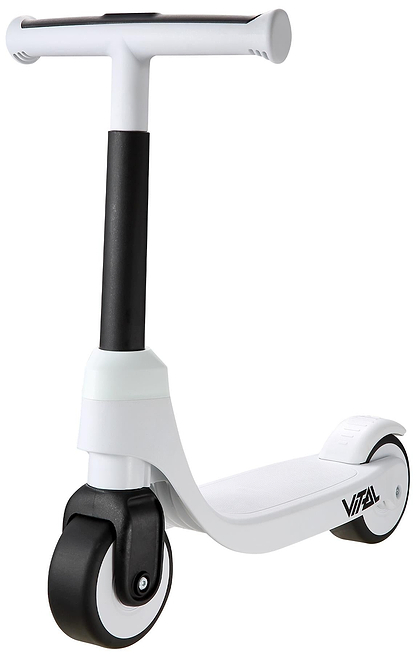 The Vital First Kids Scooter - White / Black by Vital is a sturdy three-wheel scooter for young children, featuring a wide, flat base and handlebar. "VITAL" is printed near the rear wheel on this stylish toddler scooter.