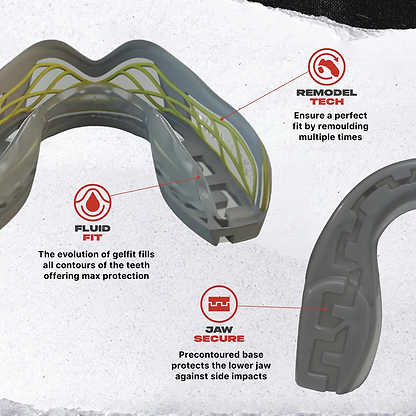 The Safejawz Nitro Series Protection Mouthguard in Grey/Yellow features a yellow interior mesh, remodel tech for a custom fit, fluid fit for max protection, and jaw secure base. Its anti-microbial design keeps your gear fresh and protected.