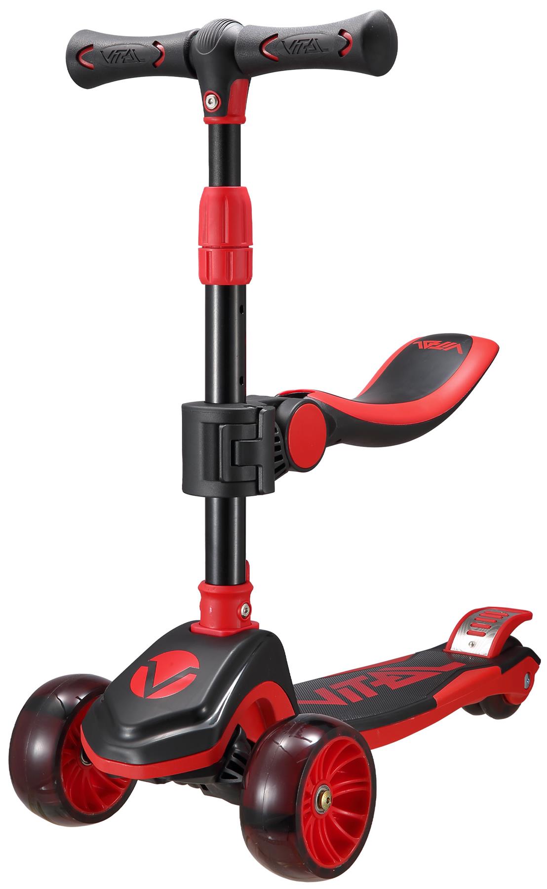 The Vital Tyke 3 Wheel Kids Scooter - Red by Vital is a black and red scooter with an adjustable seat, wide footboard, and handlebar. Two front wheels and one rear wheel make it perfect as a first scooter for young children.