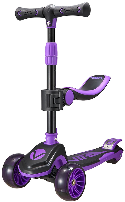 The Vital Tyke 3 Wheel Kids Scooter - Purple by Vital features a sturdy frame, two front wheels, one rear wheel, an adjustable handlebar and seat—ideal as a first scooter for kids, providing comfort and stability while they ride.