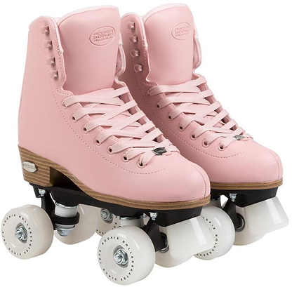 A pair of Rookie Classic 78 Quad Roller Skates - Pink by Rookie, with white wheels, pink laces, and wood-style soles, are displayed side by side on a white background.