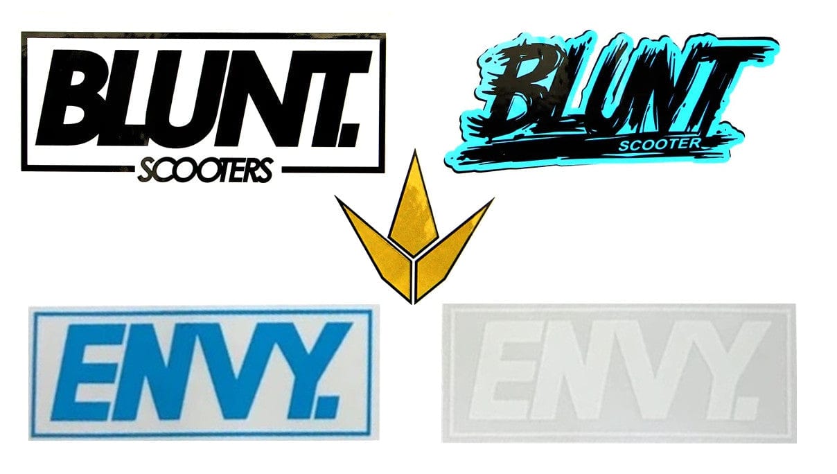 The Blunt Envy Logo Sticker Pack showcases eye-catching designs with "BLUNT SCOOTERS" logos at the top, each boasting its own distinctive style. Below these, you'll find "ENVY" in an attention-grabbing blue and white combination. Central to this collection is a striking gold spearhead emblem. This pack is ideal for fans of Blunt Envy who are looking for inspired sticker designs.
