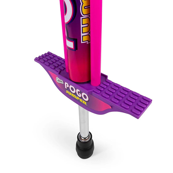 Close-up of the Ozbozz Kids 89cm Pogo Stick - Pink / Purple by Ozbozz, designed for kids with sturdy footrests, a durable metal spring, and a black rubber tip.