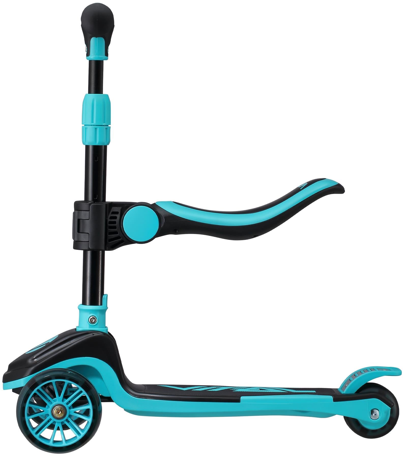 The Vital Tyke 3 Wheel Kids Scooter by Vital features a teal and black design, folds for easy carrying, and includes an adjustable handlebar. With teal accents, it’s ideal as a child’s first scooter.