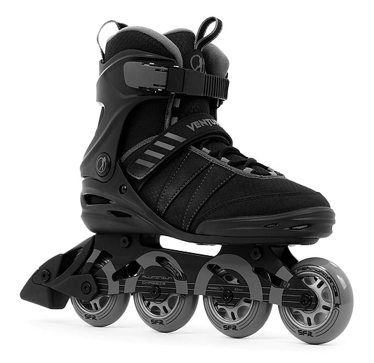The SFR Venture Pro Inline Skates - Black feature a sleek design with four grey wheels, ABEC-7 bearings for smooth rides, black laces, adjustable straps, and a robust aluminum frame, ideal for recreational and fitness use.