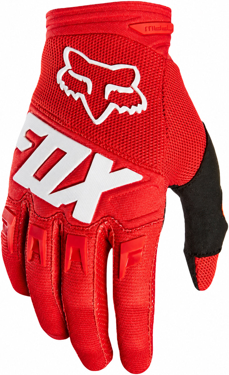 The FOX Dirtpaw Skate Protection Gloves - Red feature white and black accents, the FOX logo on the back, a stylized fox head near the wrist, and armored knuckles for extra protection.