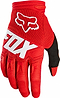 The FOX Dirtpaw Skate Protection Gloves - Red feature white and black accents, the FOX logo on the back, a stylized fox head near the wrist, and armored knuckles for extra protection.