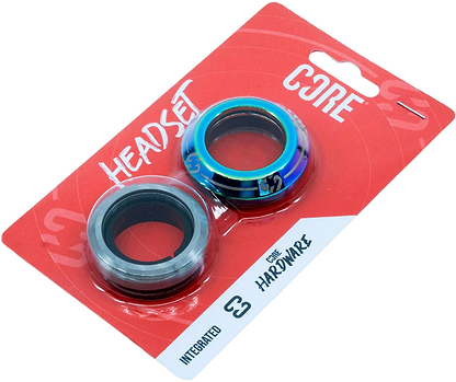 The CORE Icon Integrated Stunt Scooter Headset in Neochrome comes with two premium bearings, packaged on a red CORE-branded card featuring the CORE Icon—perfect for stunt scooter performance.