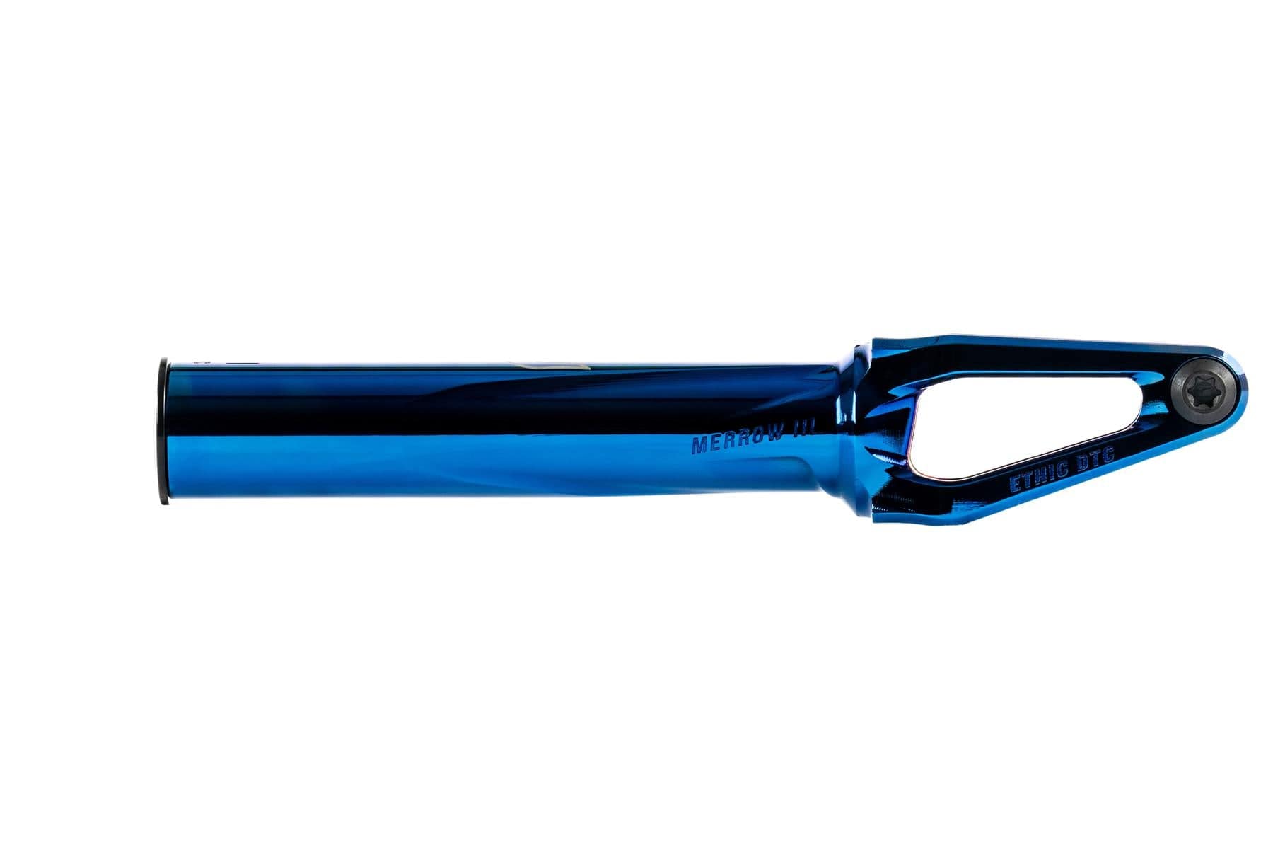 The Ethic DTC Merrow V3 SCS Stunt Scooter Fork in Chrome Blue is crafted from 7075 aluminium, features a cylindrical tube and open triangular cutout near the axle, making it one of the lightest forks by Ethic.