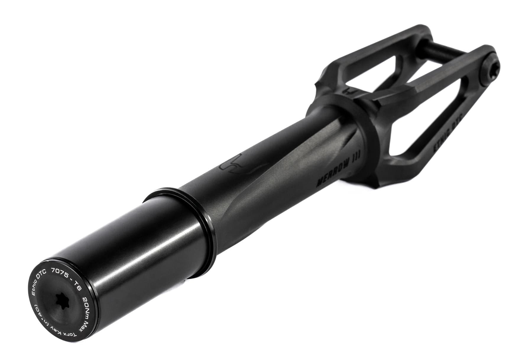 The Ethic DTC Merrow V3 HIC Stunt Scooter Fork in black features a sleek, streamlined design, sturdy 7075 aluminium build, and is one of the world’s lightest forks—angled to display its fork arms and threaded end.