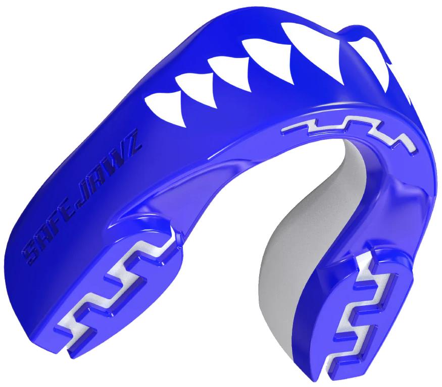 The Safejawz Extro Series Protection Mouthguard - Shark by Safejawz features a blue design with white stylized teeth, "SAFEJAWZ" embossed on the side, and provides hi-impact protection for athletes.