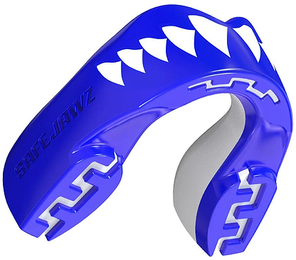 The Safejawz Extro Series Protection Mouthguard - Shark by Safejawz features a blue design with white stylized teeth, "SAFEJAWZ" embossed on the side, and provides hi-impact protection for athletes.