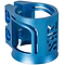 The Madd Gear MGP MFX X2 Cobra 2 Bolt Oversized Stunt Scooter Clamp in blue boasts a sleek anodized finish and is crafted from durable T6 aluminum alloy. It features a distinctive cutout design with multiple screws to enhance both strength and style.