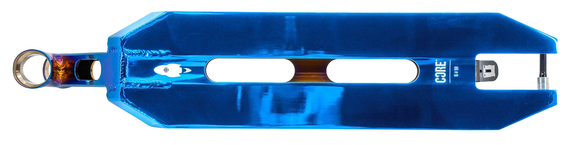 The CORE Apollo Blue Neo Stunt Scooter Deck – 5" features a metallic blue finish, center cutout, rounded headtube, and axle hardware. The reflective surface sports the CORE logo—ideal for riders who value both performance and style.