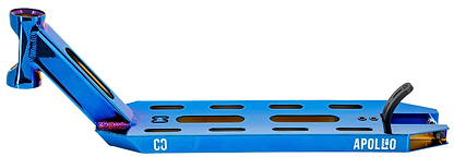 The CORE Apollo Blue Neo Stunt Scooter Deck (5") features a vibrant metallic blue finish with cutout slots, a tilted head tube, "APOLLO" branding on the side, an attached rear brake, and lightweight iridescent metal.