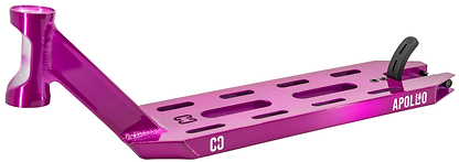 The CORE Apollo Purple Stunt Scooter Deck - 5" features cut-out slots, an angled neck, a black rear brake, and "APOLLO" printed in white near the brake for a sleek look.