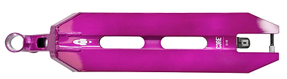 The CORE Apollo Purple Stunt Scooter Deck - 5" is a shiny metallic purple deck with two rectangular center cutouts, Core branding on the side, and a rear axle and bolt for wheel attachment—ideal for those wanting a lightweight scooter deck.