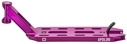The CORE Apollo Purple Stunt Scooter Deck - 5" features a metallic purple finish, cut-out slits, integrated head tube and footplate, rear brake, and "APOLLO" printed in white on the side.