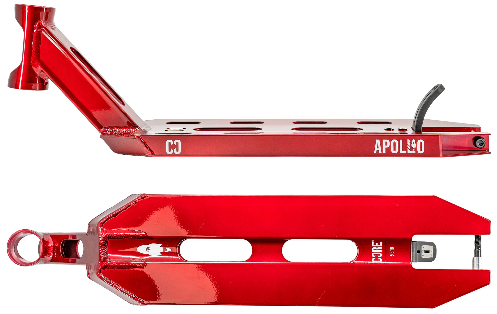 Two views of the CORE Apollo Red Stunt Scooter Deck - 5": a side profile featuring “APOLLO” and “CORE” branding, and a top view highlighting its rectangular, lightweight deck design with cutouts and rear brake.