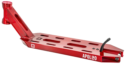 The CORE Apollo Red Stunt Scooter Deck - 5" features cut-out slots for weight reduction, a vertical neck, and white side branding. This metallic, lightweight deck by CORE is perfect for freestyle scooters.