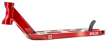The CORE Apollo Red Stunt Scooter Deck - 5" is a lightweight red metal deck with slanted neck, cutout slots, bold white "CORE" and "APOLLO" logos, and a black curved rear brake—durable and built for lasting stunt performance.