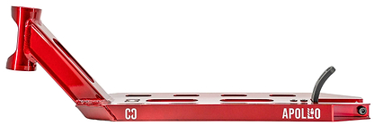The CORE Apollo Red Stunt Scooter Deck - 5" features a red metal design with cut-out sections, white "APOLLO" and "CO" branding on the side, an angled headtube, and a black rear brake for durability.
