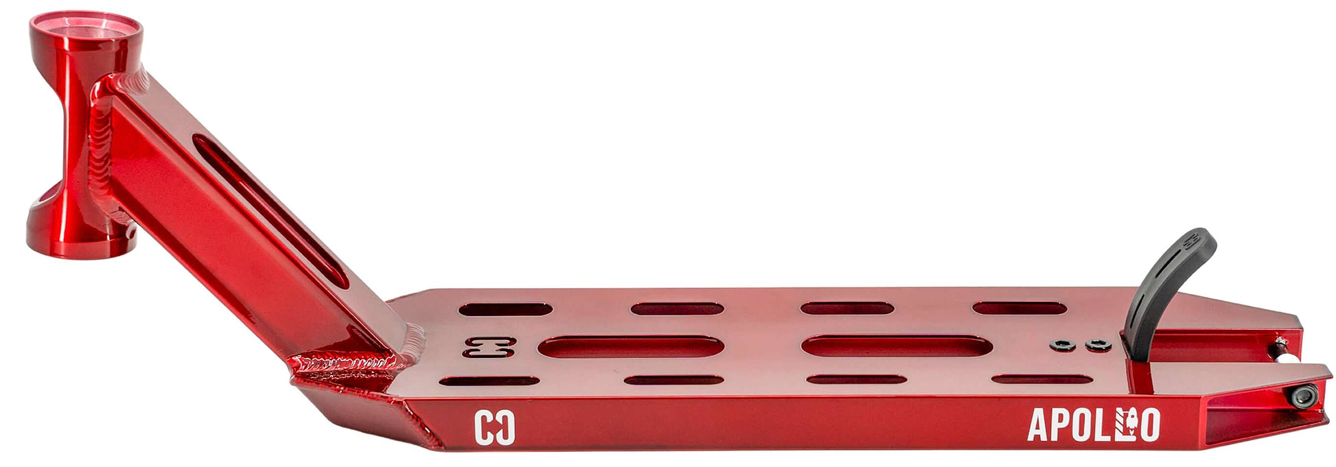 The CORE Apollo Red Stunt Scooter Deck - 5" features a durable red design with multiple cutouts, a headtube for handlebars, rear brake mount, and "APOLLO" branding near the back wheel.